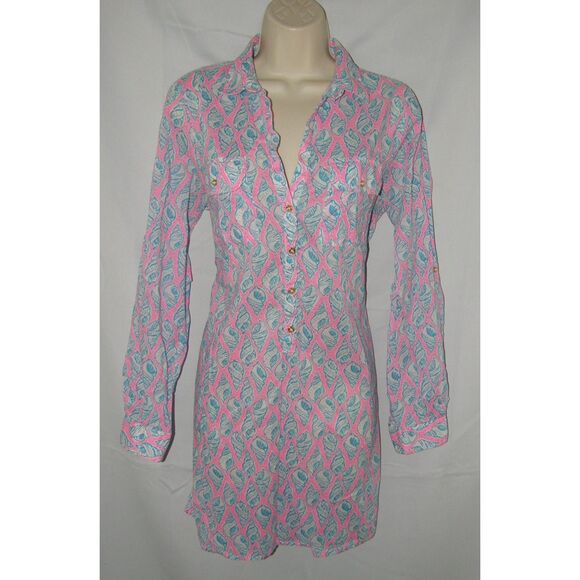 LILLY PULITZER CAPTIVA A LITTLE TIPSY Pink & Blue Seashell Print Sz Medium Tunic - Picture 2 of 5